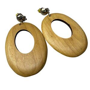 Vintage Oval Wooden Clip-On Earrings With Silver-Tone Hardware Retro Boho